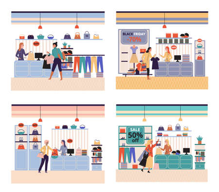 Women in clothing store on black friday. Seasonal discount offers clothes on sale. Closeout in boutique. Happy shopaholic makes purchase. Satisfied female customer with shopping bags in fashion marketのイラスト素材