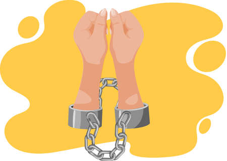 Hands tied with iron chain, handcuffed hands, symbol of slavery, bondage, restriction of freedom. Dependency concept, inactive person. Addiction of character on something, confines on actionのイラスト素材