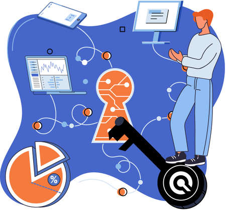 Man works with personal data protection. Key in keyhole and computer network. Hacking security system and logging into account concept. Work with digital technology, antivirus, secure softwareのイラスト素材