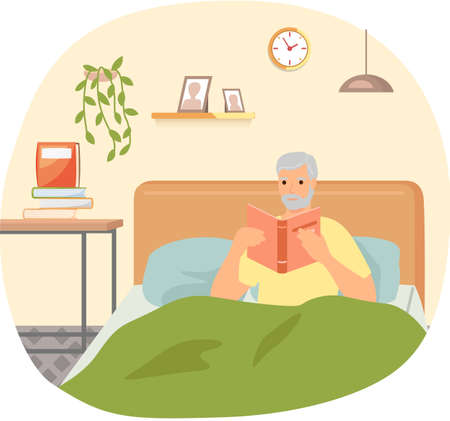Cute man in pajamas reading literature on his bed comfortably. Book lover concept with young man lying relax on sofa and reading book. Concept of homeward and comfort. Person relaxes after workのイラスト素材