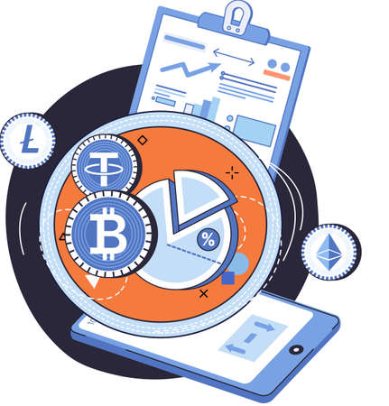 Internet stock market trading, money investment. Online currency and blockchain technology. Cryptocurrency mining and exchange platform. Financial program, digital payment system, bitcoin, litecoinのイラスト素材