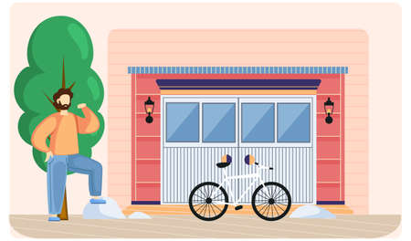 Space for vehicles, room for transport in residential building. Place for automobile parking, Storage space for bike inside modern house. Man stands near new bicycle storage garage vector illustrationのイラスト素材