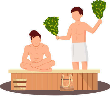 Man in white towel rest on wooden bench at hot steam sauna. Relaxing and wellness in finish, Russian bath or spa center. Heat therapy, relaxation and health care. Bathing character wellness procedureのイラスト素材