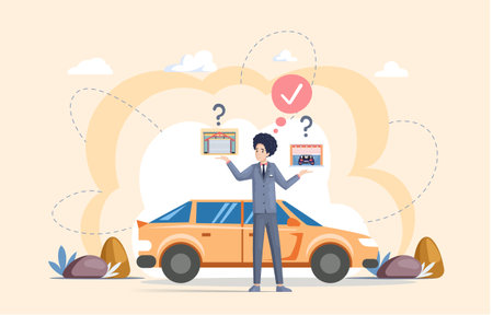 Man chooses garage with automatically opening doors to park his car. Selection of vehicle storage space, place for passenger transport. Gates with lifting mechanism in garage for automobile parkingのイラスト素材