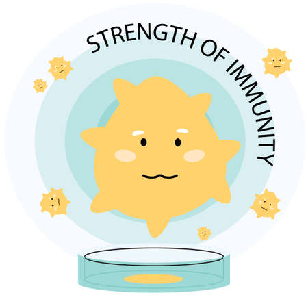 Strength of immunity concept with healthy cute character surrounded by invisible barrier for bacterial and viral attack. Immune protection in healthy body. Health care, vaccination and immunizationのイラスト素材