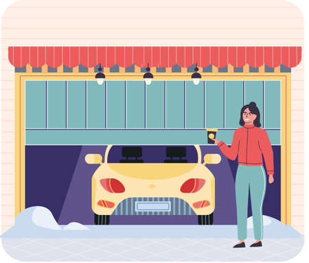 Garage with automatic gates and car. Vehicle storage space, room with automobile inside house. Woman stands near garage with opening door. Gates with lifting mechanism, place for automobile parkingのイラスト素材