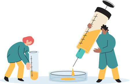 Scientist doctor researcher virologist creating vaccine infusion for injections. Laboratory researching drugs. Medicines scientific pharmaceutical analysis. New vaccine complete developmentのイラスト素材