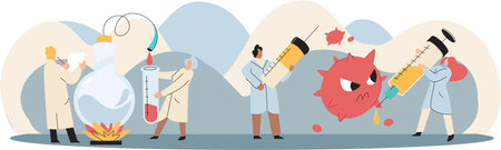 Antivirus vaccine. Scientists conducting scientific researches, laboratory assistants test tubes working in medical lab researchers making chemical experiments test liquids and equipment. Virus in labのイラスト素材