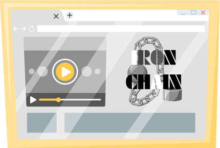 Modern internet and social networks addiction metaphor. Iron chain on computer screen, dominance of gadgets. Flat vector concept social media and internet nomophobia and digital detox illustrationのイラスト素材