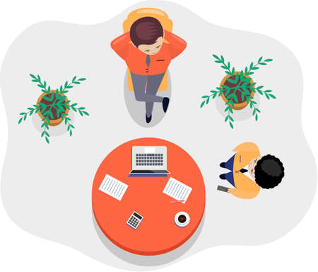 Business office connection working concept. Businessmen communicating talking about project strategy. People having board meeting with presentation, business brainstorming of startup, top viewのイラスト素材