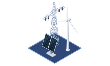 Smart alternative energy concept with solar panels, wind turbines, battery storage, high voltage electricity power transmission grid. Modern facilities of energy industry. Energy production objectsのイラスト素材