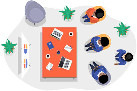 Business office connection working concept. Businessmen communicating talking about project strategy. People having board meeting with presentation, business brainstorming of startup, top viewのイラスト素材