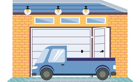 Garage with automatic gates. Vehicle storage space, room for cars inside house. Gates with lifting mechanism, place for automobile parking. Car near garage in modern residental buildingのイラスト素材