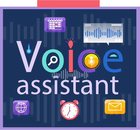 Voice assistant banner. Smart speaker with voice recognition flat vector inscription for websites on blue background. Smart speaker recognizes voice commands and controls smart home devicesのイラスト素材