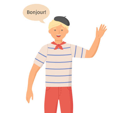 Different nations representatives waving hand. Young nice french man in casual clothes say hello. Character flap his hand friendly isolated on white. Guy waving hand saying hi, makes greeting gestureのイラスト素材