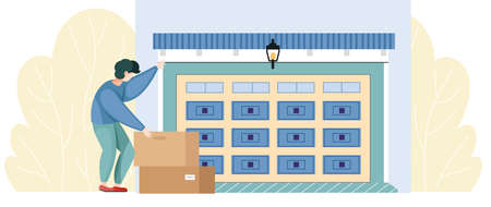 Gates with lifting mechanism, place for automobile parking. Man chooses modern building with automatic door to store things and boxes. Male character putting unwanted old junk in garage for storingのイラスト素材