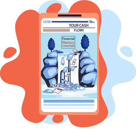 Idea of income growth and development. Business investment, financial literacy courses and profit increase. Waterfall with money, dollar bills. Cash flow, stable income website, smartphone appのイラスト素材