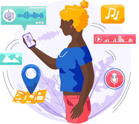 Voice assistant software agent perform tasks for user. Speaker recognition, vote controlled smart speaker. Woman voice activated digital assistants, identification. Virtual assistant, sound robotのイラスト素材