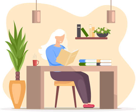 Young woman reading book, studying at home, book lovers hobby. Student resting with book, female character is fond of literature, enjoys reading, gets educationのイラスト素材