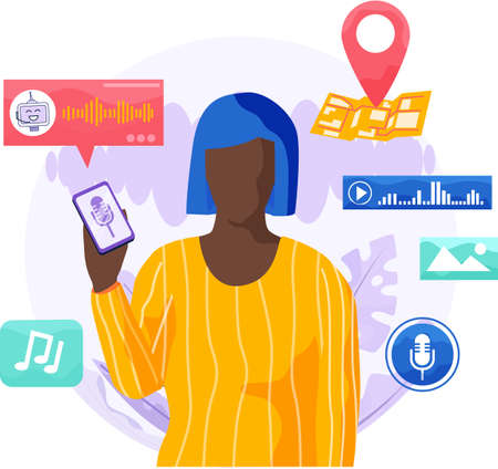 Voice assistant software agent perform tasks for user. Speaker recognition, vote controlled smart speaker. Woman voice activated digital assistants, identification. Virtual assistant, sound robotのイラスト素材