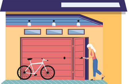 Vehicle storage space, room for transport in residential building. Woman stands near garage with opening door and bicycle. Place for automobile parking, Storage space for bike inside modern houseのイラスト素材