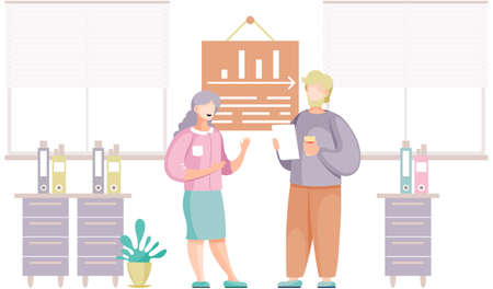 Business people man and woman talking. Colleagues discussing work, chatting communicating sitting at office desk. Businesspeople have project strategy planning meeting. Teamwork with business planのイラスト素材