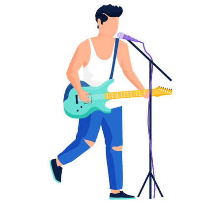 Rock musician playing on electrical guitar sings song stands near microphone cartoon isolated vector Illustration. Street guitarist in casual clothes performing in emotional pose with instrumentのイラスト素材