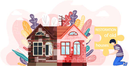 Home house repair renovation service. Before and after creative concept, restoration of old building. Contractor standing in front of home before and after overhaul. Reconstruction of cottage facadeのイラスト素材