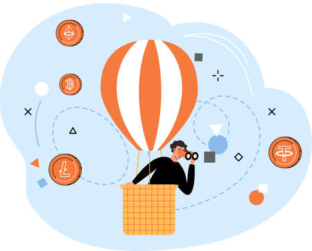 Man with binoculars flies in hot air balloon and looks at cryptocurrency. Businessman looking for project for investment. Online currency and blockchain technology. Internet money, digital marketplaceのイラスト素材