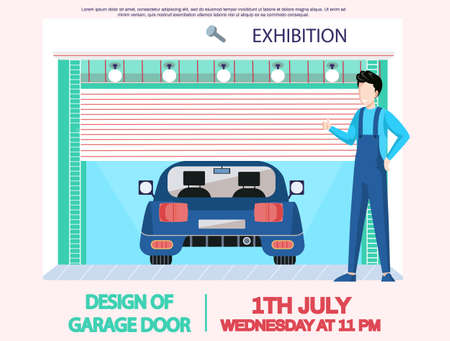 Man stands near garage with automatic gates. Vehicle storage space, room for cars. Gates with lifting mechanism, place for automobile parking. Car near garage in modern residental buildingのイラスト素材