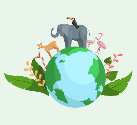 Biodiversity as natural wildlife species or fauna protection concept. Animals on planet, animal shelter, wildlife sanctuary. World environment day on earth planet. Ecology and endangered bio lifeのイラスト素材