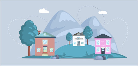 House remodel. Reconstruction of old house with modern materials. Concept of construction and finishing. Beautiful new buildings after renovation. Residential structures with multi-colored facadesのイラスト素材