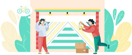 Gates with lifting mechanism in place for automobile parking. Men looking for building with automatic door to store boxes with bike and clock. People putting unwanted old junk in garage for storingのイラスト素材