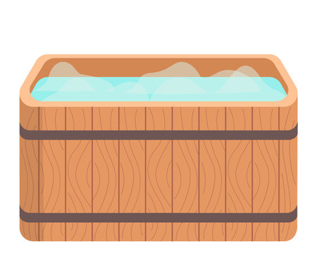 Wooden tub for bath. Pot, bucket with blue water. Cracks in boards. Sauna water basin icon. Bathhouse element bathtube. Wellness spa procedures in wooden water barrel. Vat made with plank isolatedのイラスト素材