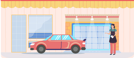 Garage with automatic gates and car. Vehicle storage space, room with automobile inside house. Woman stands near garage with opening door. Gates with lifting mechanism, place for automobile parkingのイラスト素材