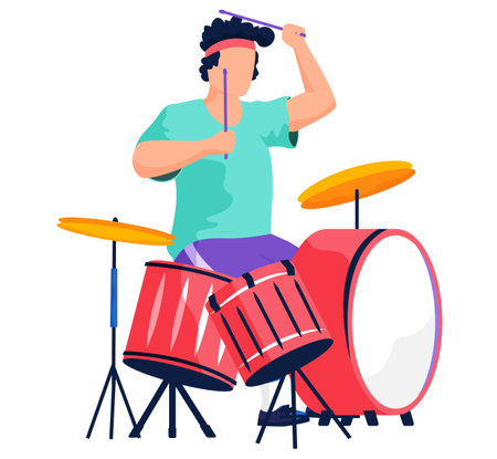 Drummer playing drums isolated vector illustration. Excited musician playing hard rock music with sticks on drums. Musician character performing on stage with percussion instrument. entertainment showのイラスト素材