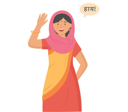 Different nations representatives waving hand. Young indian girl in national sari say hello. Character flap her hand friendly isolated on white. Woman waving hand saying hi, makes greeting gestureのイラスト素材