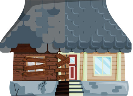 Home renovation, house before and after repair. New and old suburban cottage. Remodel construction. Old run-down house remodeled into cute traditional suburban cottage. Building maintenance serviceのイラスト素材