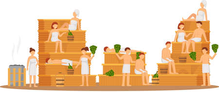 Sauna and steam room. Set of people in sauna. People relax and steam with birch brooms in traditional russian stove for female and male. Finnish bathhouse. Public sauna, Friends in spa resortのイラスト素材