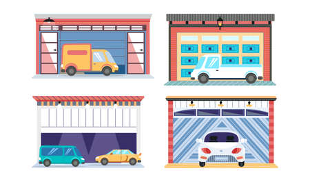 Garage with automatic gates. Vehicle storage space, room for cars inside house. Gates with lifting mechanism, place for automobile parking. Car near garage in modern residential buildingのイラスト素材
