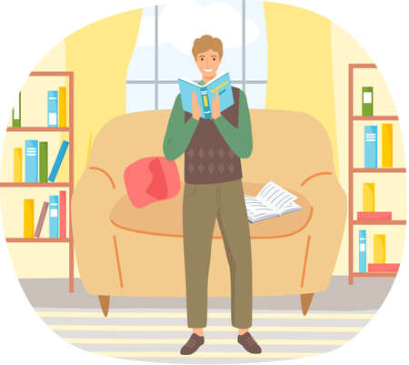 Man reading book, studying at home. Guy student is resting with book, male character is fond of literature, enjoys reading, gets education. Character is reading and resting after work, bibliophileのイラスト素材