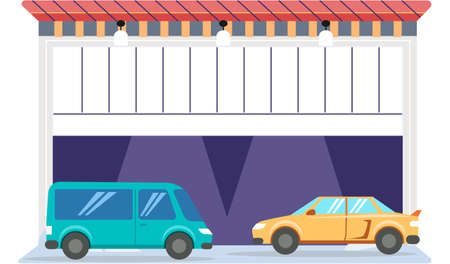 Garage with automatic gates. Vehicle storage space, room for cars inside house. Gates with lifting mechanism, place for automobile parking. Car near garage in modern residential buildingのイラスト素材