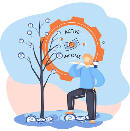 Active income concept. Idea of financial growth and business development. Male character gets active profit. Woodcutter stands near money tree to earn. Man lumberjack next to tree with capitalのイラスト素材