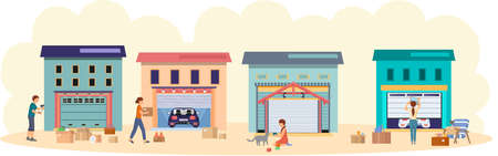 Garage with automatic gates. Gates with lifting mechanism, place for automobile parking. People chooses modern building to store things and boxes. Garbage and rubbish storage garage vectorのイラスト素材