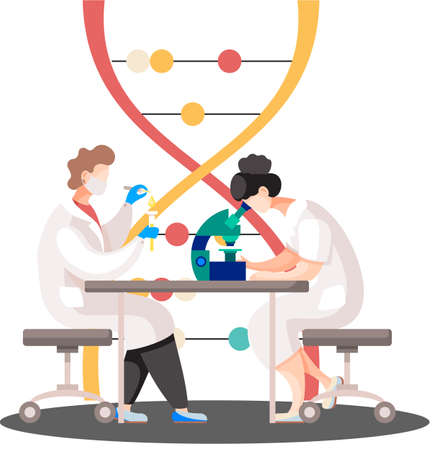 Virologists studying new virus in lab with microscope. Scientist conducting scientific researches. Antivirus vaccine complete development. Pharmaceutical investigation in laboratory examinationのイラスト素材