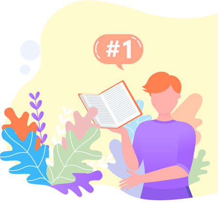 Man reading book, studying at home. Guy student is resting with book, male character is fond of literature, enjoys reading, gets education. Character is reading and resting after work, bibliophileのイラスト素材