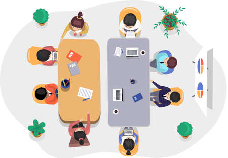 Business office connection working concept. Businessmen communicating talking about project strategy. People having board meeting with presentation, business brainstorming of startup, top viewのイラスト素材