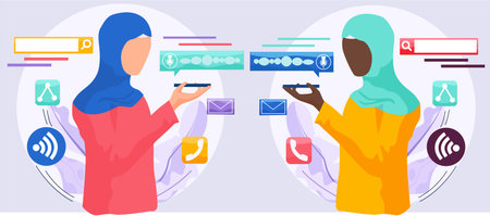 Voice assistant. Smart speaker virtual assistant, sound robot, people using voice controlled smart...