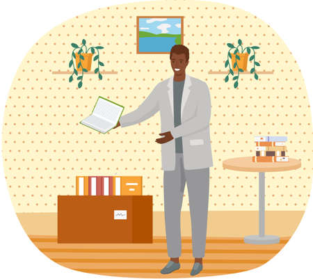 Man reading book, studying at home. Guy student is resting with book, male character is fond of literature, enjoys reading, gets education. Character is reading and resting after work, bibliophileのイラスト素材