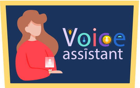 Voice assistant software agent perform tasks for user. Speaker recognition, vote controlled smart speaker. Woman voice activated digital assistants, identification. Virtual assistant, sound robotのイラスト素材